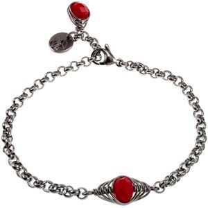 16cm tot 19cm Armband Dames - RVS Zilverkleur - Ronde Schakelarmband met Rode Kristal Visgraatschakel - Verstelbaar