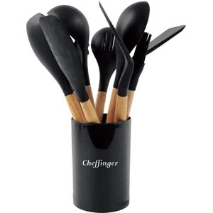 Cheffinger Keukengerei Set met Houder - 10-delig - Zwart - Kookgerei Set