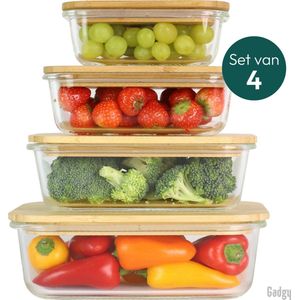 Gadgy Glazen Vershoudbakjes - 4 Bakjes met Deksel - Meal Prep Bakjes Glas - Diepvries / Magnetron / Oven / Vaatwasser bestendig - Bewaarbakjes - Lunchbox