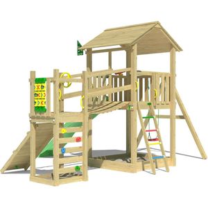 Jungle Gym speeltoestel van grenen hout - Jungle Summit met groene glijbaan - Tuin speeltoestel voor buiten met zandbak, schommel en klimhelling