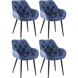 CLP Tanna Set van 4 eetkamerstoelen - Met armleuning - Fluweel - Velvet - blauw