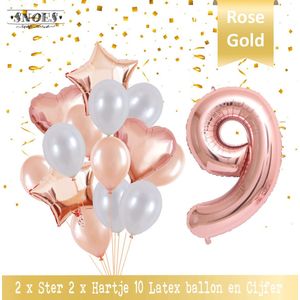 Cijfer Ballon 9 Jaar Rose Gold Pearl Boeket * Hoera 9 Jaar Verjaardag Decoratie Set van 15 Ballonnen * 80 cm Verjaardag Nummer Ballon * Snoes * Verjaardag Versiering * Kinderfeestje * Château Rose * Nummer Ballon 9 * Rose