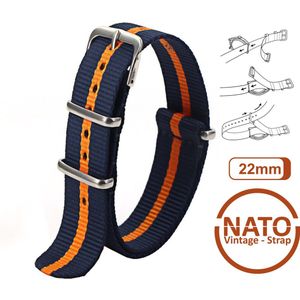 22mm Nato Strap Blauw met Oranje streep - Vintage James Bond - Nato Strap collectie - Mannen - Horlogebanden - Blue Orange - 22 mm bandbreedte voor oa. Seiko Rolex Omega Casio en Citizen