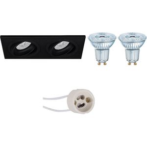 LED Spot Set - OSRAM Parathom PAR16 930 36D - Proma Borny Pro - GU10 Fitting - Dimbaar - Inbouw Rechthoek Dubbel - Mat Zwart - 3.7W - Warm Wit 3000K - Kantelbaar - 175x92mm