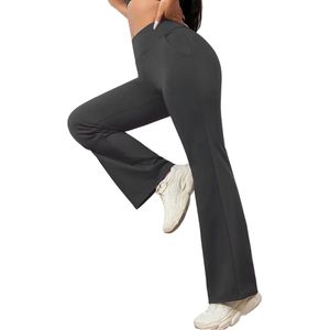 Flared Broek - Legging - Let op: Minder geschikt voor lange vrouwen - Yoga Broek - Casual - Met Zakken - Dames - Sportief - Stijlvol - Rekbaar - Hoge Taille - Sport - Fitness - Flared Pocket Pants Wijd - PETIT - Donkergrijs - Grijs - Maat XL