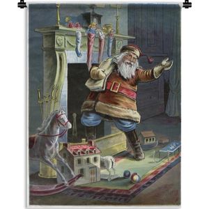Wandkleed Vintage Kerst - Vintage kerstman aan de schoorsteen Wandkleed katoen 120x160 cm - Wandtapijt met foto XXL / Groot formaat!
