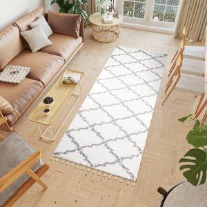 Tapiso Boho Loper Creme Hoogpolig Kwastjes Trellis Modern Woonkamer Vloerkleed Maat- 100x150