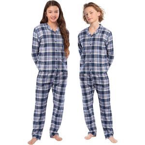 Eskimo Pyjama 100% Katoen Flanel - knoopsluiting - Wit-Blauw - 2 Delig - Maat 152 - Unisex