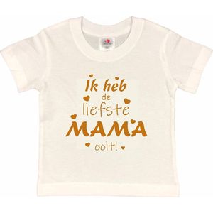 T-shirt Kinderen ""Ik heb de liefste mama ooit!"" Moederdag | korte mouw | Wit/tan | maat 134/140