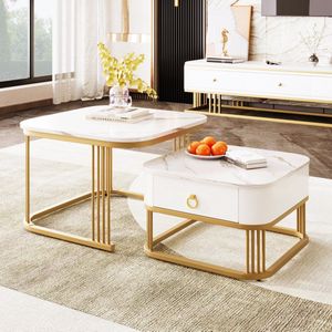 Sweiko 2-delige Set Salontafel, Hoogglans marmer look, Gouden accenten, Bijzettafel met lades