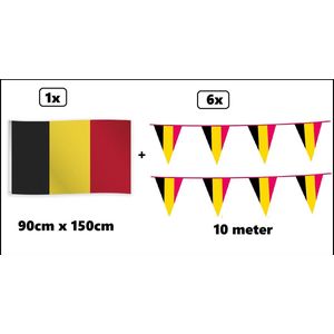 6x Belgie vlaggenlijn 3 kleur 10 meter + Belgie vlag 90cm x 150cm - Landen festival thema feest fun verjaardag Belgium