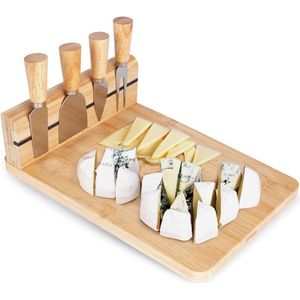Kaasplank met Kaasmes Bamboe 5 delig - Serveerplank - Kaasmessen - Set - Hapjesplank - Mesjes - Snijplank
