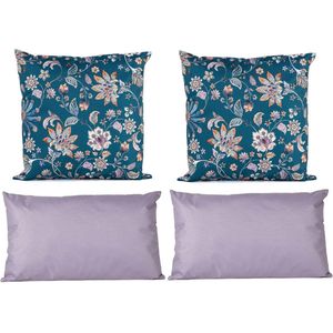 Anna Collection Bank/tuin kussens set - binnen/buiten - 4x stuks - lila paars/bloemen - 2 formaten