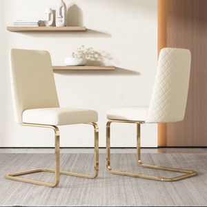 Sweiko 2-delige set fluwelen eetkamerstoelen, luxe woon- en slaapkamerstoelen, diamantvormig rugleuningontwerp, gouden metalen steunpoten, beige