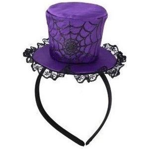 Halloween - Paarse verkleed mini hoed op diadeem met spinnenweb voor dames - Halloween/carnaval verkleedaccessoires hoeden - Mini hoge hoedjes