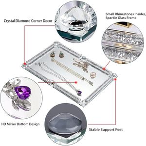 Glazen gespiegeld dienblad met geplette diamantlijst, rechthoekig, decoratief displaydienblad, kristal, voor cosmetische parfum- en sieraden, beker-dienblad, 30 x 20 cm
