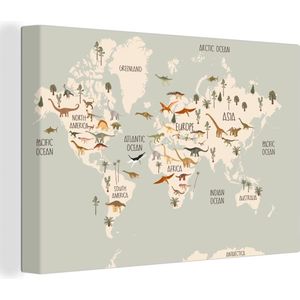 Canvas Wereldkaart - 120x80 - Wanddecoratie Wereldkaart kinderen - Dino's - Kinderkamer - Jongens - Meisjes - Kinderen