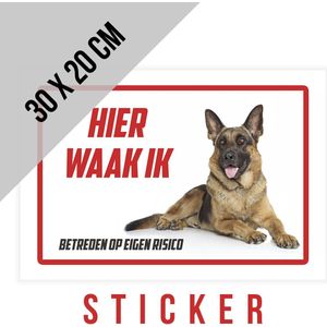 Sticker/ waakbord | Duitse Herder | ""Hier waak ik"" | 30 x 20 cm | Herdershond | Waakhond | Hond | Chien | Dog | Betreden op eigen risico | Mijn huisdier | Permanente lijm | Rechthoek | 1 stuk
