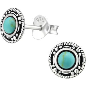 Joy|S - Zilveren Bali classic rond oorbellen - 7 mm - turquoise - geoxideerd - oorknoppen