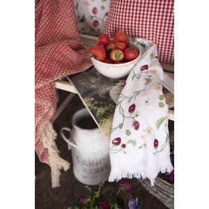 HAES DECO - Set van 2 Ontbijtborden - formaat Ø 20x2 cm - kleuren Rood / Groen / Wit - Bedrukt Keramiek - Collectie: Wild Strawberries - Ontbijtbord, klein bord