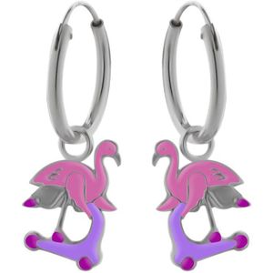 Oorbellen meisje zilver | Zilveren oorringen met hanger, flamingo op step