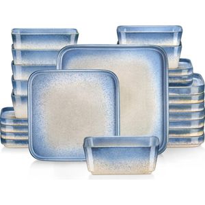 Serviesset - Serviessets - Serviesset 8 persoons - Wit Met Blauw - Porselein - 24-delig Servies - Dinerbord - Dessertbord - Kom