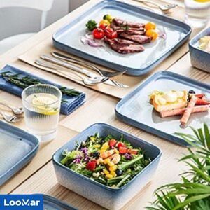 LooMar Serviesset – 12 delig – 4 persoons – Keramiek - Luxe – Bordenset – Dinnerborden – Dessertborden - Grijs - Blauw