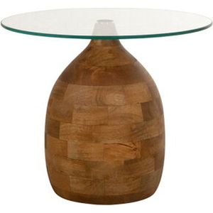Salontafel Stella Rond Massief Mangohout Helder Glas - 50x50x43 cm - glazen salontafel - Design koffietafel - Moderne ronde houten tafel - Bijzettafel - Haltafel