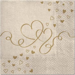 Servetten | Trouwen, liefde | 6 x 20 servetten | 1 afbeelding | Gouden hartjes op wit | wegwerp | 33 x 33