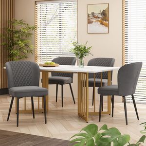 Sweiko Eettafel set, 140 x 80 x 75cm eettafel met 4 stoelen, donkergrijze fluwelen eetkamerstoelen, kussens stoel ontwerp met rugleuning, wit MDF tafelblad, V-vormige gouden tafelpoten