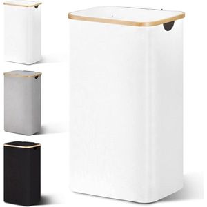 Wasmand met deksel - 85 liter wasverzamelaar - smal design - waszak inbegrepen - opvouwbaar model - houten bamboe afwerking - hoge wasmand in wit
