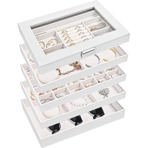 Stapelbare Sieraden Tray Box, 5 Lagen Sieraden Organizer Case met Deksel voor Oorbellen Armband Horloge Lipstick Ring, Stackers Sieraden Trays voor Dresser Lade Opslag -Wit