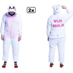 2x Onesie Wijn konijn wit mt.S/M - Pyamaparty festival thema feest evenement fun Pyama party