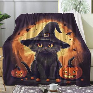 Zwarte Kat en Pompoen Halloween Deken - Zachte Fleece Plaid voor Bed of Bank - 130 x 150 cm