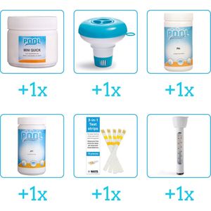 Zwembad Onderhoudsset - Startersset bevat Chloor - Chloordrijver - PH-min en PH-plus - Testrips - Thermometer - Zwembad Onderhoud Starterspakket - Chloortabletten - Voor zwembaden en Spa's - Voor zwembaden tot 2500 liter (6-delig)
