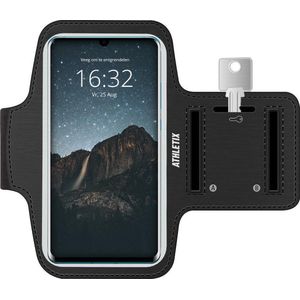 Hardloop armband met Smartphone houder - Zwarte Verstelbare Sportarmband voor Huawei P30 Pro / P30 / P20 Pro / P20 / P20 Lite /Mate X/Mate 20 / Mate 20 Pro / P10 / Y7 - Spatwatervrij, Sleutelhouder, Oordoppen Aansluiting en Reflecterend!