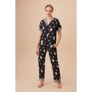 Suwen- Zomer Katoen Pyjama Set - Huispak- Homewear -Satijn- Cadeau- Zwart Maat L
