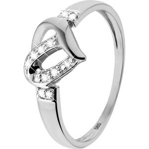 Lucardi Dames Ring hart 9 diamanten 0,05ct - Ring - Cadeau - 14 Karaat Goud - Witgoud