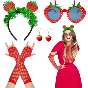Nieuwe titel: 4-delige aardbeienkostuumset - Tiara, zonnebril, rode handschoenen en oorbellen - Accessoires voor Hawaïaans fruitkostuum