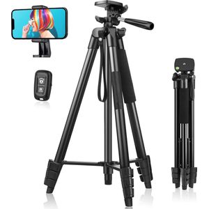 Uitschuifbaar Camera Statief 161 cm - Inclusief Draagtas - Aluminium - Met Draadloze Sluiter - Lichtgewicht - 3-Wegkop - Voor Smartphone/Kleine Camera - Android/iOS - Zwart