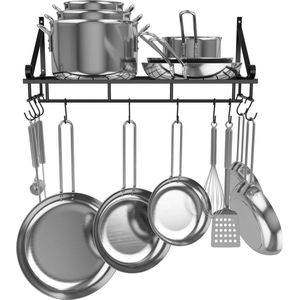 Zwart keukenrek, wandrek voor potten, pannen, gebruiksvoorwerpen, hangrek met 10 haken (60 cm, zwart)