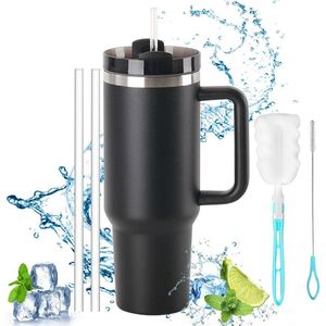 Thermobeker met rietje en handvat, 1200 ml, dubbelwandige, roestvrijstalen vacuüm-isolatiebeker, 40 oz, draagbare autobeker, tuimelbeker met rietje, thermobeker met handvat, zwart