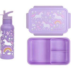 A Little Lovely Company Back to school set - Drinkfles XL RVS/Bentobox - Unicorn Dreams