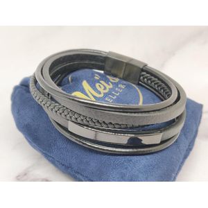 Mei's | Coco Leather Ropes armband | armband heren / sieraad heren / Echt Leder / 316L Roestvrij Staal / Chirurgisch Staal | polsmaat 19,5 cm / zwart