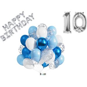 Luna Balunas 10 Jaar Ballonnen Set Zilver Blauw Helium - Verjaardag