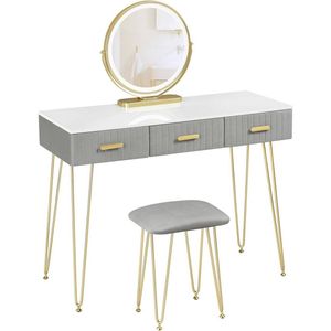 WARRAICH-Elegante kaptafel met LED-verlichting, fluwelen kruk en 3 lades – wit, goud en grijs design