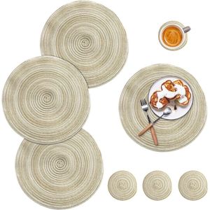 4pcs Washable Round Cotton Placemats & Coasters Set - Suitable for Kitchen Dining Table Decorations - Beige