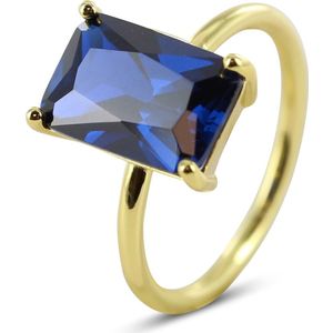Silventi 9SIL-22590 Zilveren Ring - Dames - Zirkonia - Rechthoek -12 x 8 mm - Donker Blauw - Maat 54 - 1,76 mm - Zilver - Gold Plated (Verguld/Goud op Zilver)