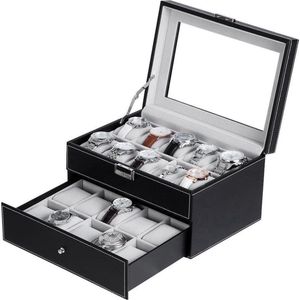 Luxe Horlogebox voor 20 horloges - Horloge box voor Dames en Heren Horloges - Sieradendoos  - Grote Horlogedoos - Horlogekist in Zwart met Grijs - PU leer - XXL 2 Etages