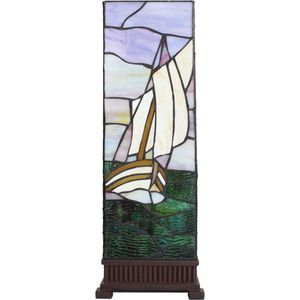 LumiLamp Tiffany Tafellamp 18x18x48 cm Beige Paars Glas Kunststof Vierkant Zeilboot Tiffany Bureaulamp